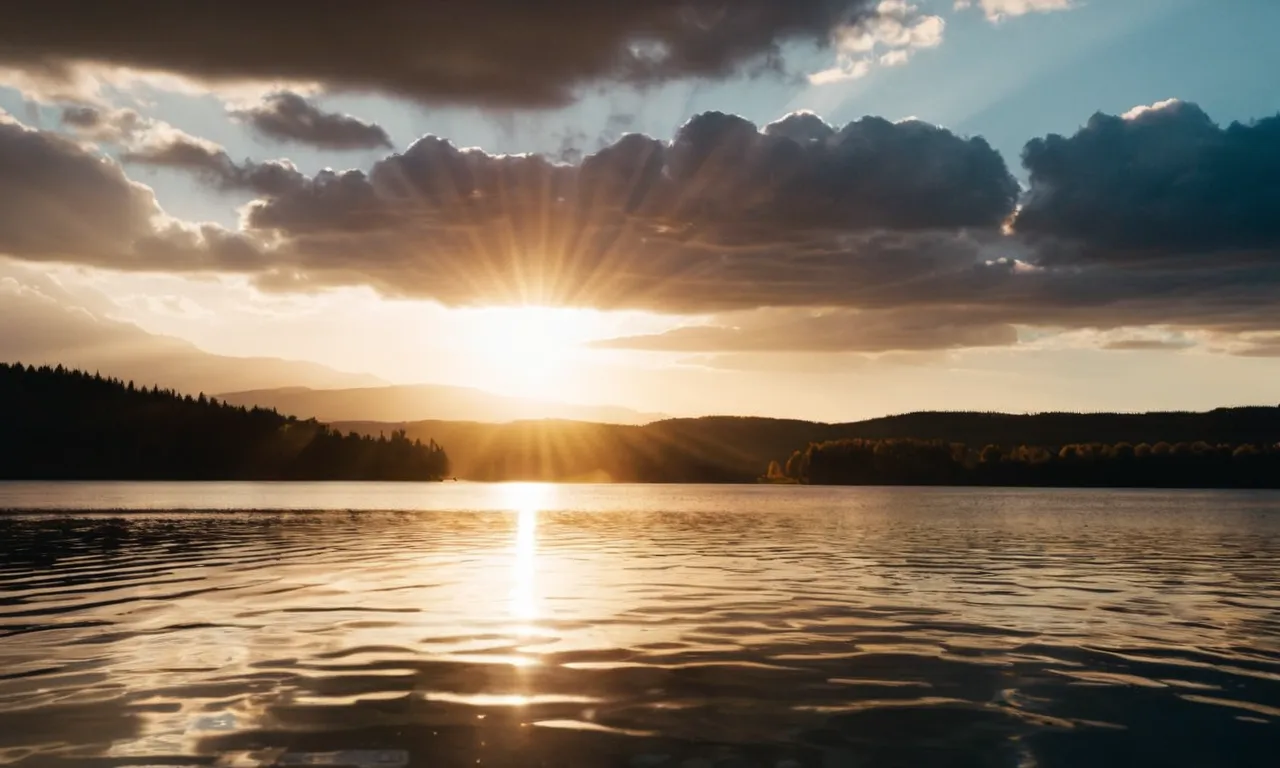 A photograph capturing a serene sunset over a tranquil lake, with seven rays of sunlight breaking through the clouds, symbolizing the presence of the seven archangels of God.