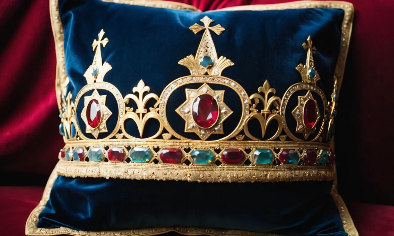 A close-up photograph capturing the intricate details of seven golden crowns arranged on a velvet cushion, symbolizing the biblical significance of the seven crowns mentioned in the Bible.