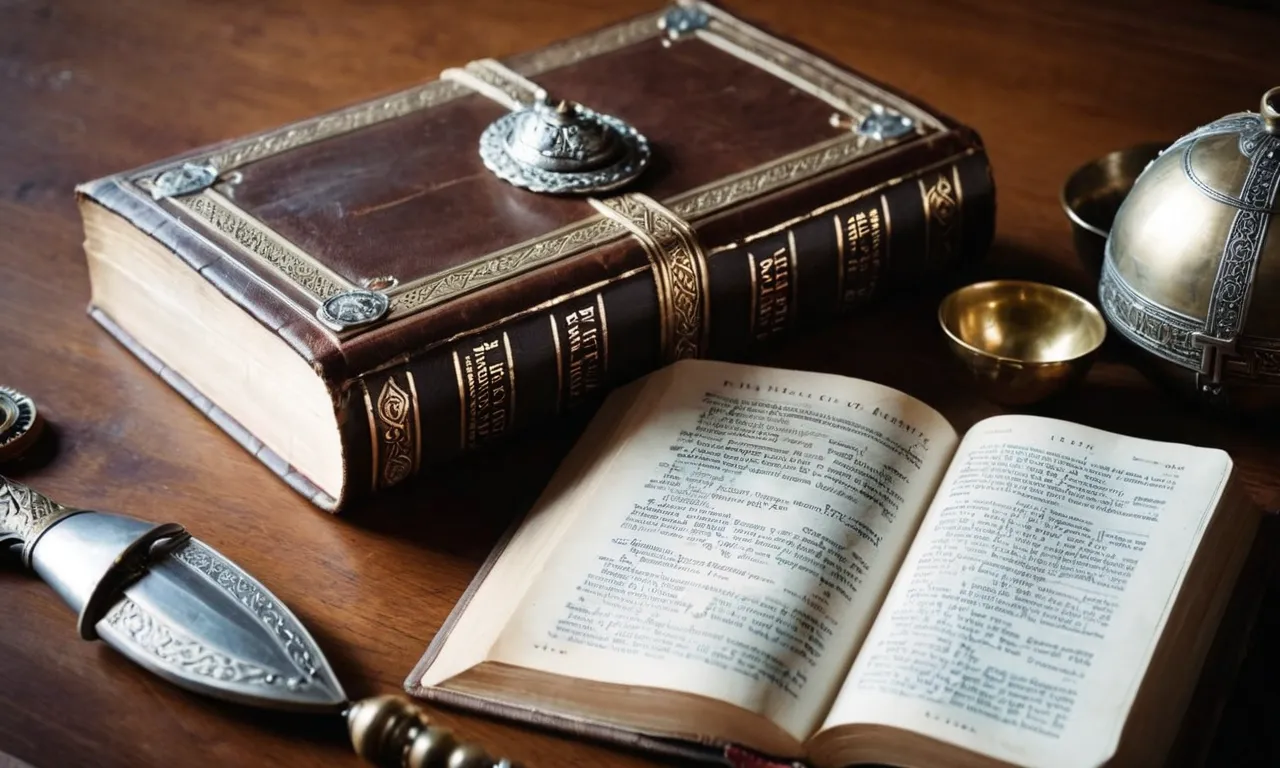 A photo of a worn-out Bible open to Ephesians 6:10-18, surrounded by a set of seven symbolic objects representing the Armor of God, emphasizing strength, faith, and protection.