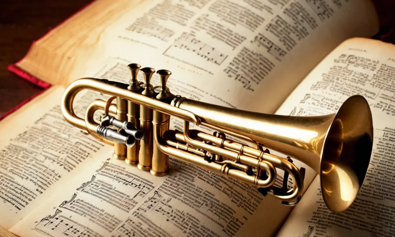 A close-up photo of a golden trumpet, illuminated by a soft light, resting on an ancient scripture page detailing the mysterious 7 trumpets mentioned in the Bible.