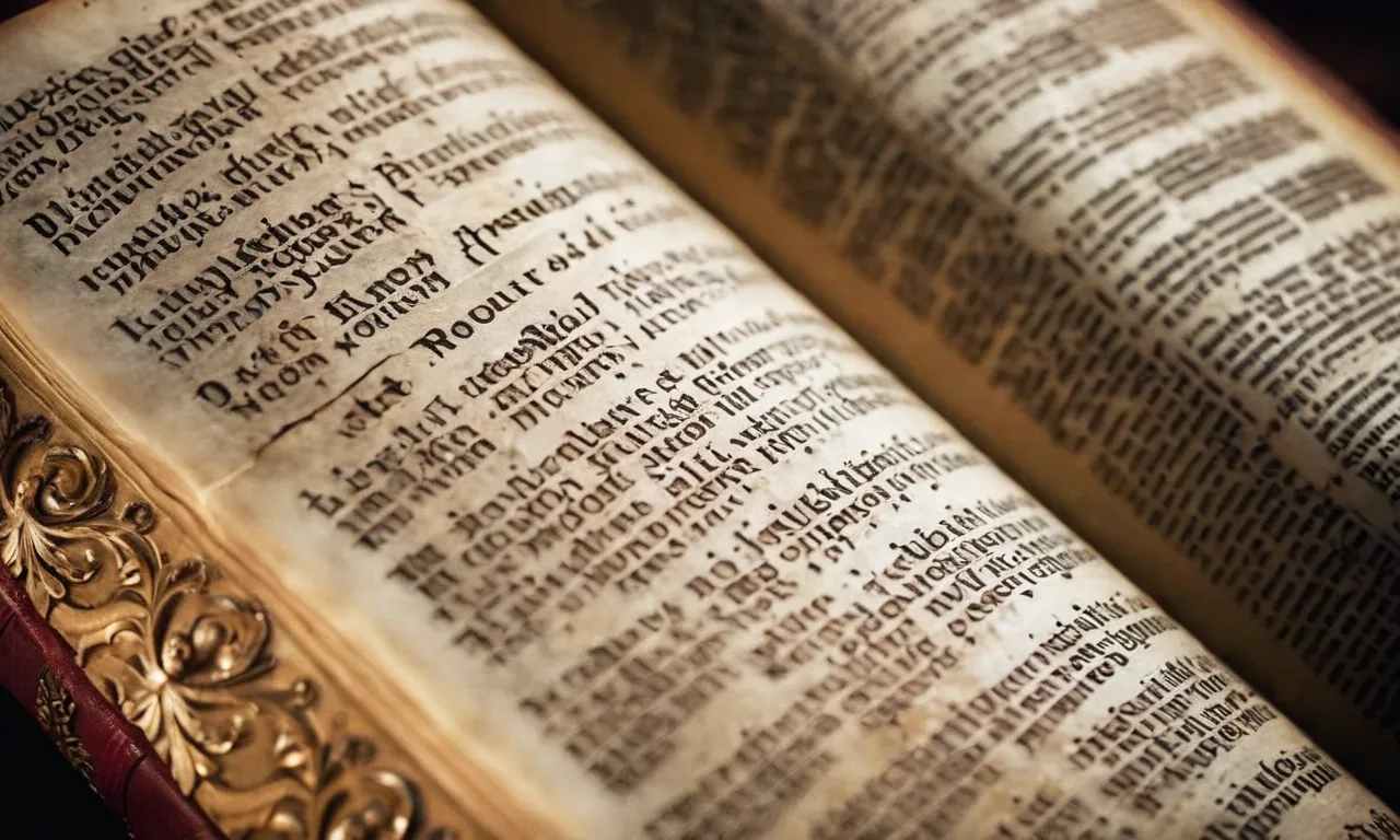 A close-up photograph capturing the intricate details of an ancient, weathered Bible, showcasing the worn pages and faded text, alluding to the 73 books contained within.