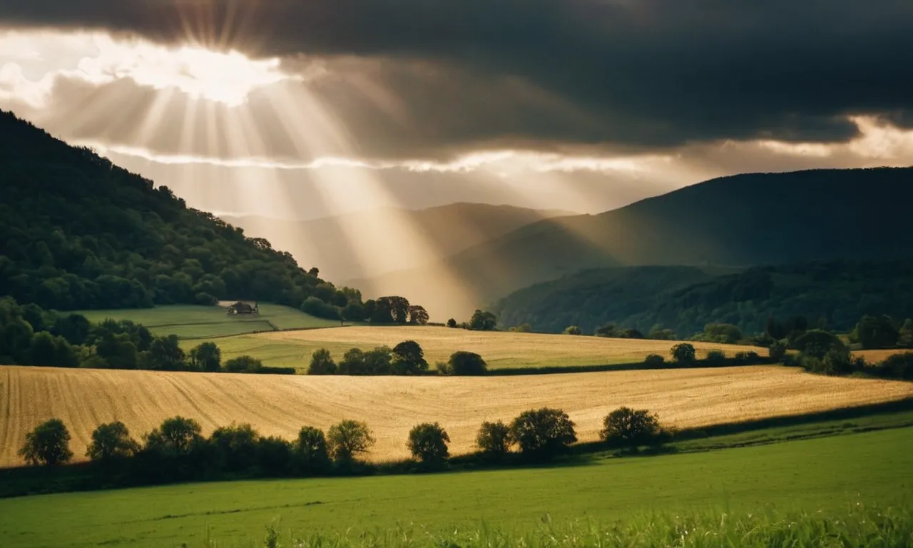 A breathtaking photograph captures the sun's golden rays breaking through dark clouds, illuminating a lush landscape, symbolizing the blessings of God's light and grace.