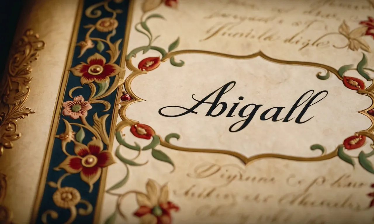 A close-up photo of an ancient parchment displaying the name "Abigail" in elegant calligraphy, surrounded by delicate floral motifs, evoking her grace and wisdom from the biblical narrative.