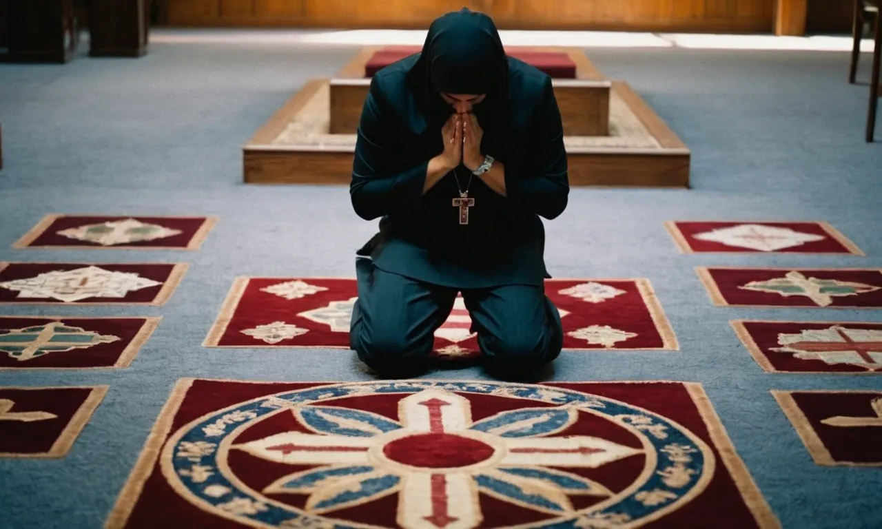 A photo capturing a person kneeling in prayer, surrounded by symbols representing repentance, forgiveness, faith, and love, symbolizing the four ways to be reconciled with God.
