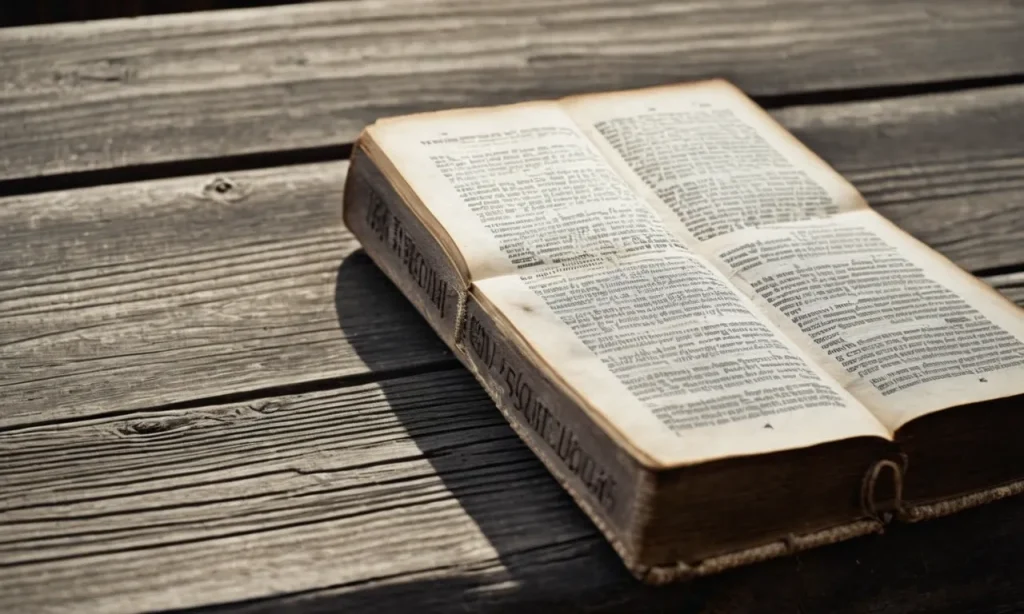 A captivating black and white photograph of an aged Bible resting on a weathered wooden table, illuminated by a solitary beam of sunlight, highlighting the last words gracefully engraved on the page.