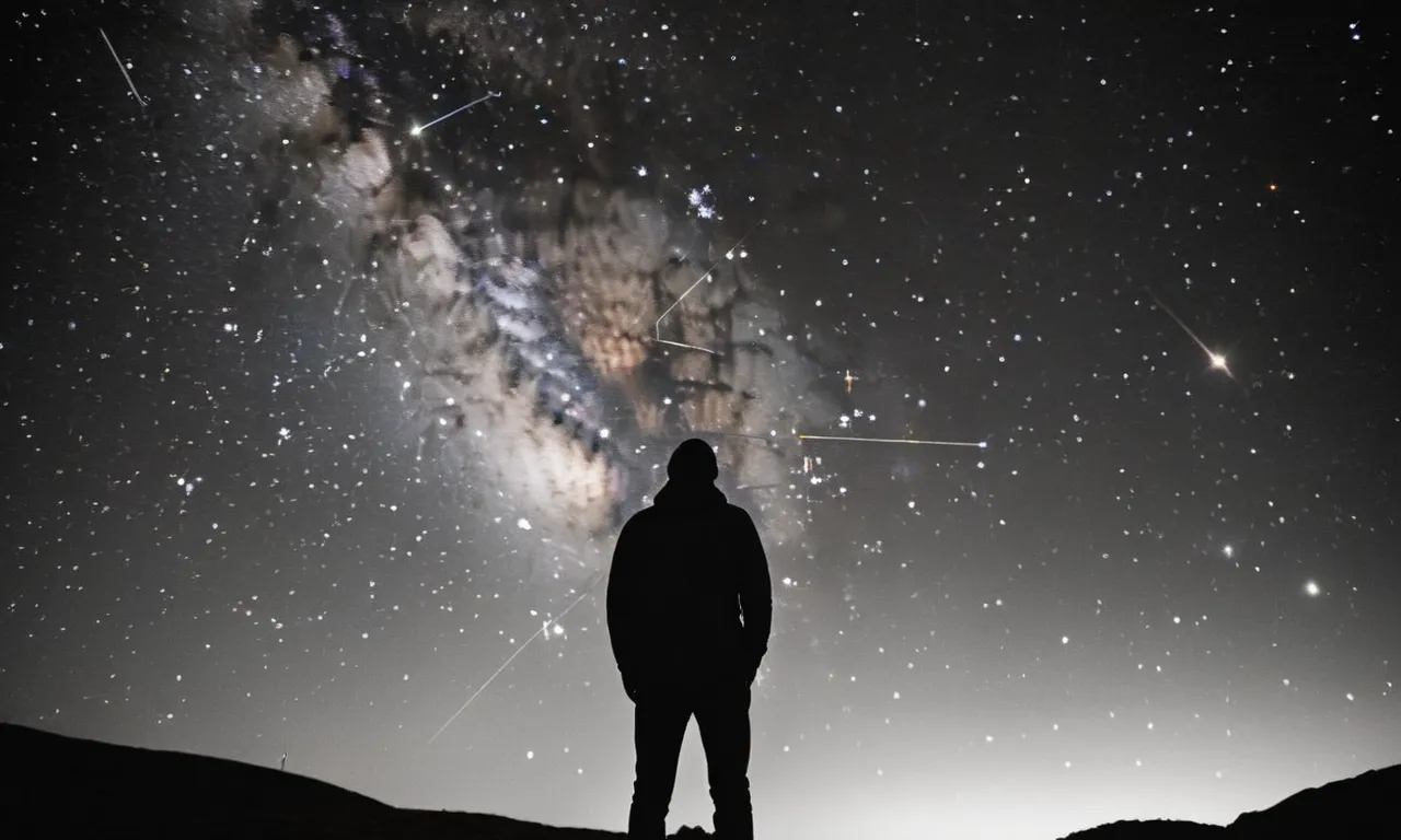 A breathtaking black and white image of a solitary figure gazing up at a vast night sky, filled with constellations and galaxies, capturing the awe and wonder of contemplating the mysteries of God.