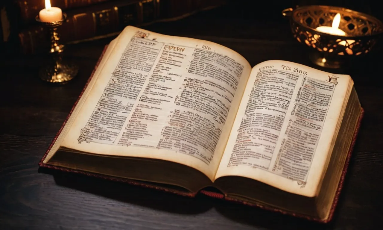 A photo capturing a Bible opened to the pages listing the seven deadly sins, with a dimly lit background symbolizing their inherent darkness.