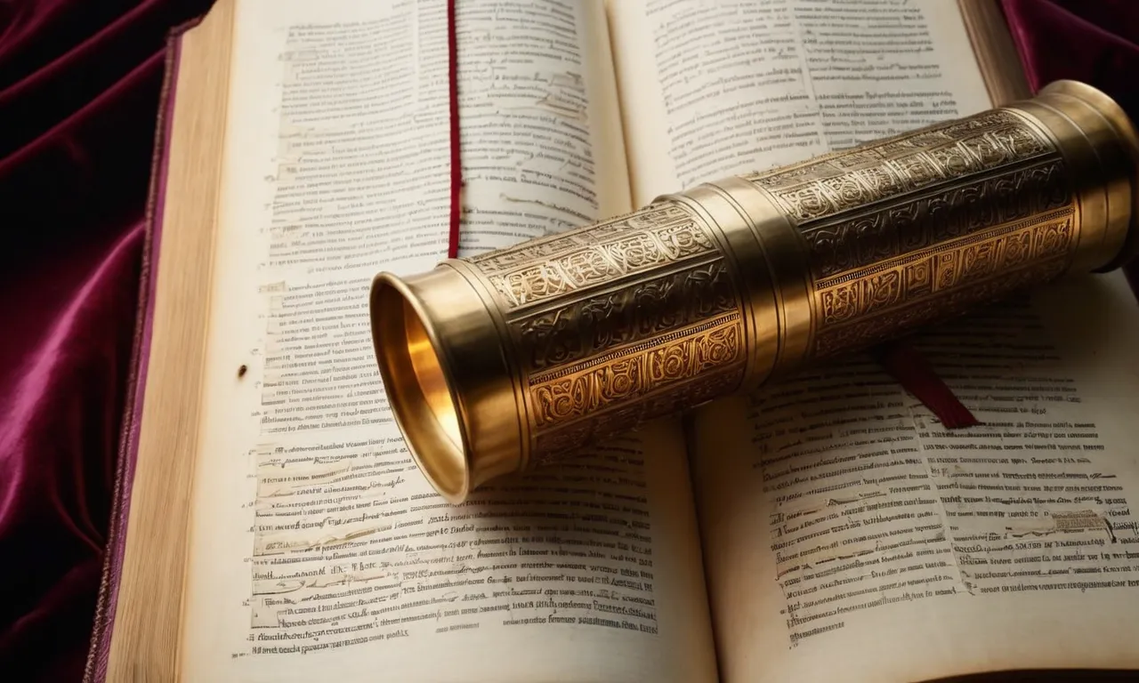 A photo featuring a beautifully illuminated Torah scroll, open to the page containing the Ten Commandments, resting on a richly adorned velvet cover.