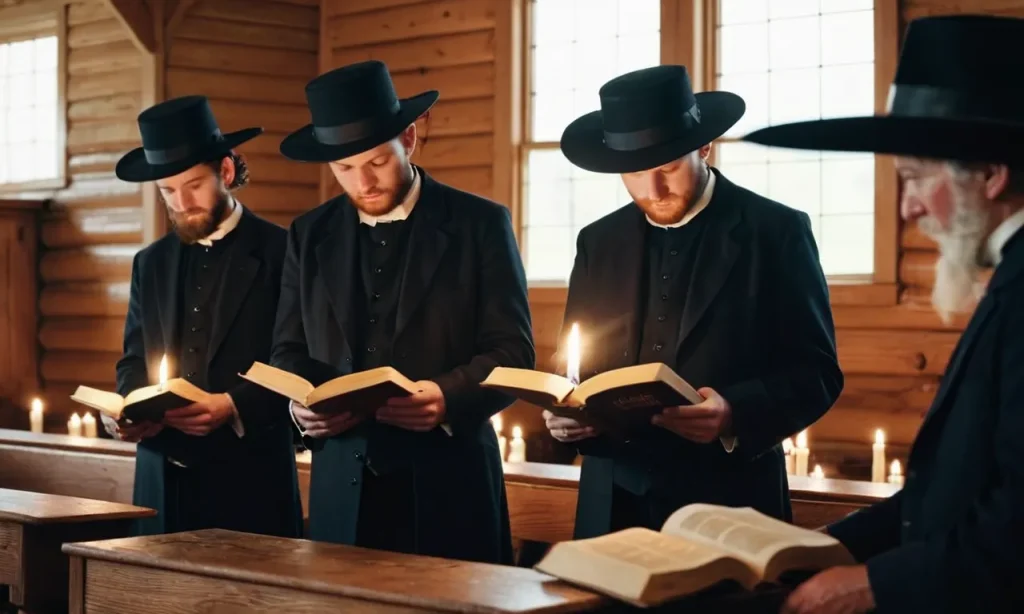 A captivating photo capturing an Amish community gathered in a humble wooden church, their faces illuminated by candlelight, as they devoutly read from the simple, worn pages of their cherished Bible.