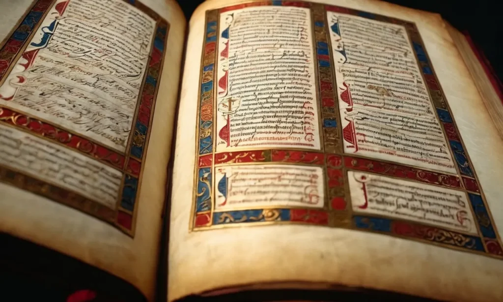 A close-up shot of ancient manuscripts, illuminated with vibrant colors and intricate calligraphy, depicting various versions of the Bible predating the King James translation.