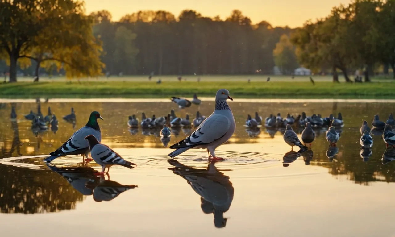 A serene photograph capturing a golden sunset reflecting upon a tranquil lake, where a humble old man feeds pigeons, emanating a sense of divine joy and connection with nature.