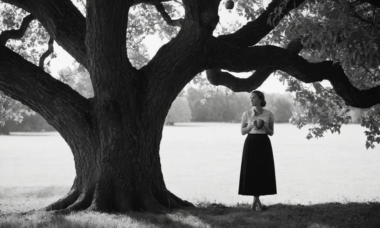 A black and white image captures a woman standing under a tree, gazing at an apple in her hand, symbolizing Eve's curiosity, choice, and the consequences of knowledge.
