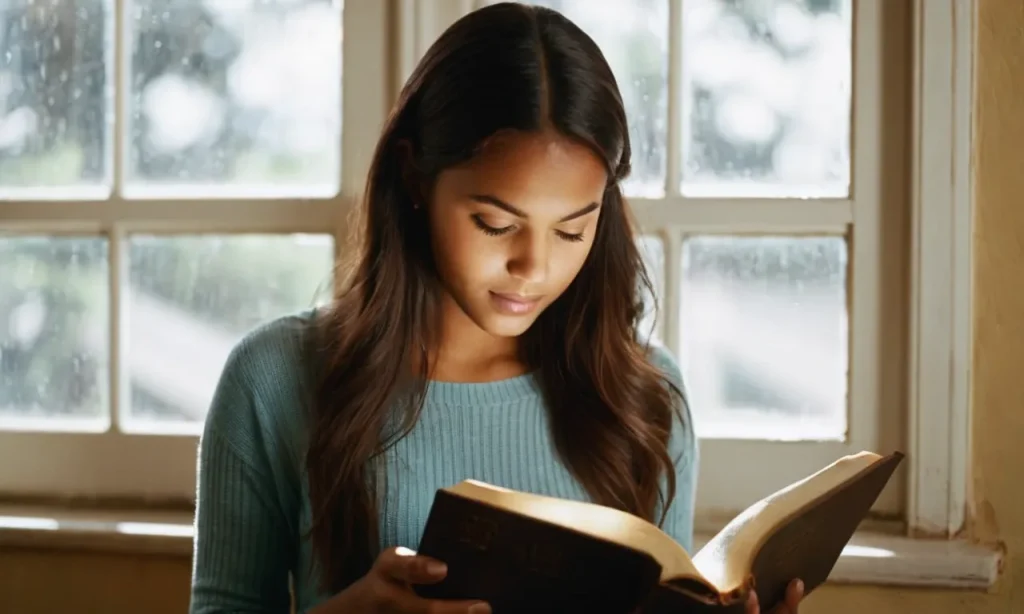 A photo capturing a young woman reading the Bible, her face illuminated by the soft light pouring through a nearby window, symbolizing the wisdom and lessons we can learn from Rachel's story.