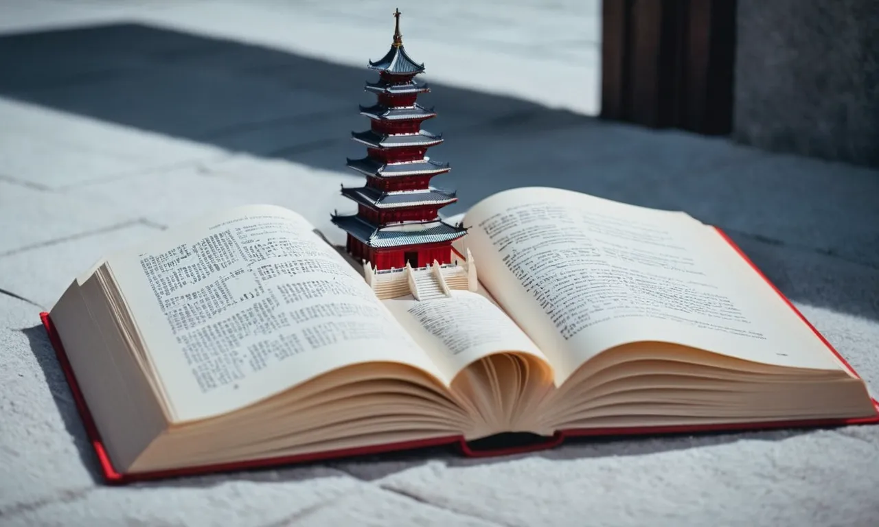 A photo showcasing an open book with the final chapter of the Tower of God anime written in bold letters, surrounded by a tower-like structure made of stacked pages.