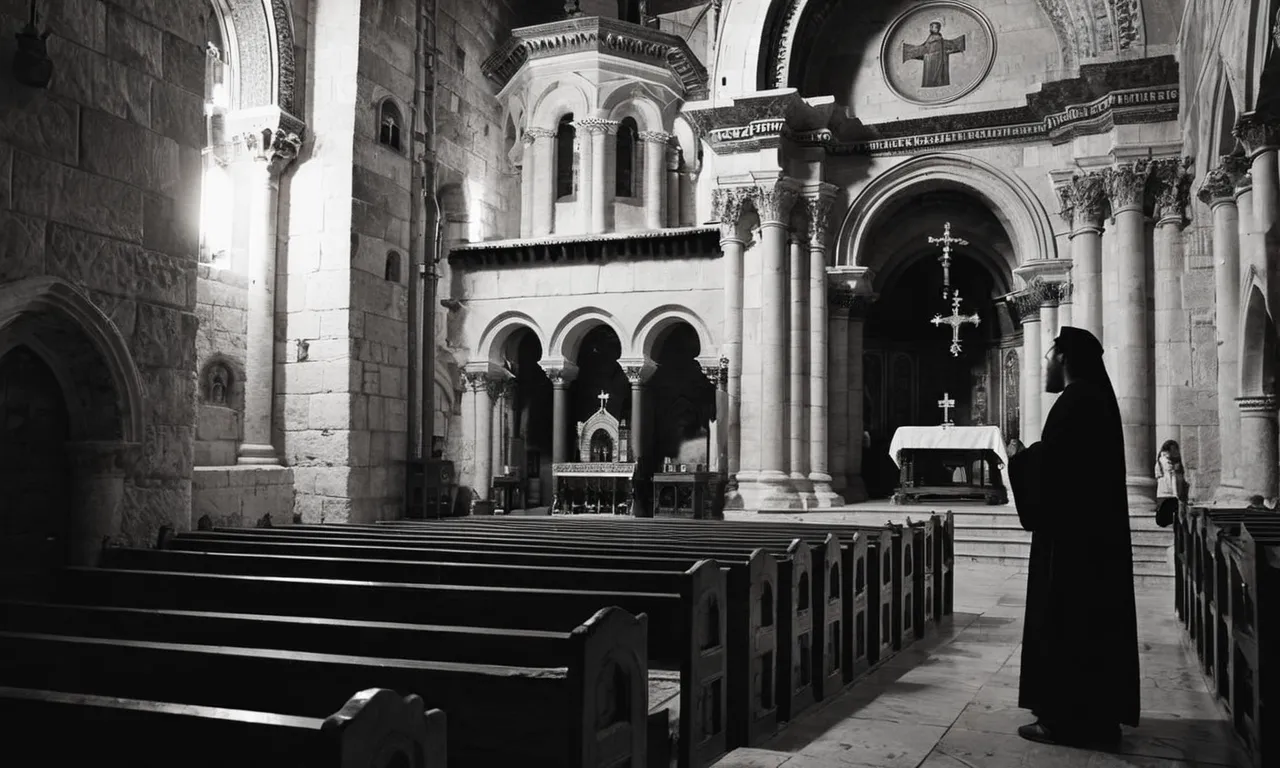 A black and white photo capturing the serene beauty of the ancient Church of the Holy Sepulchre in Jerusalem, believed to be the place where Jesus Christ founded his church.
