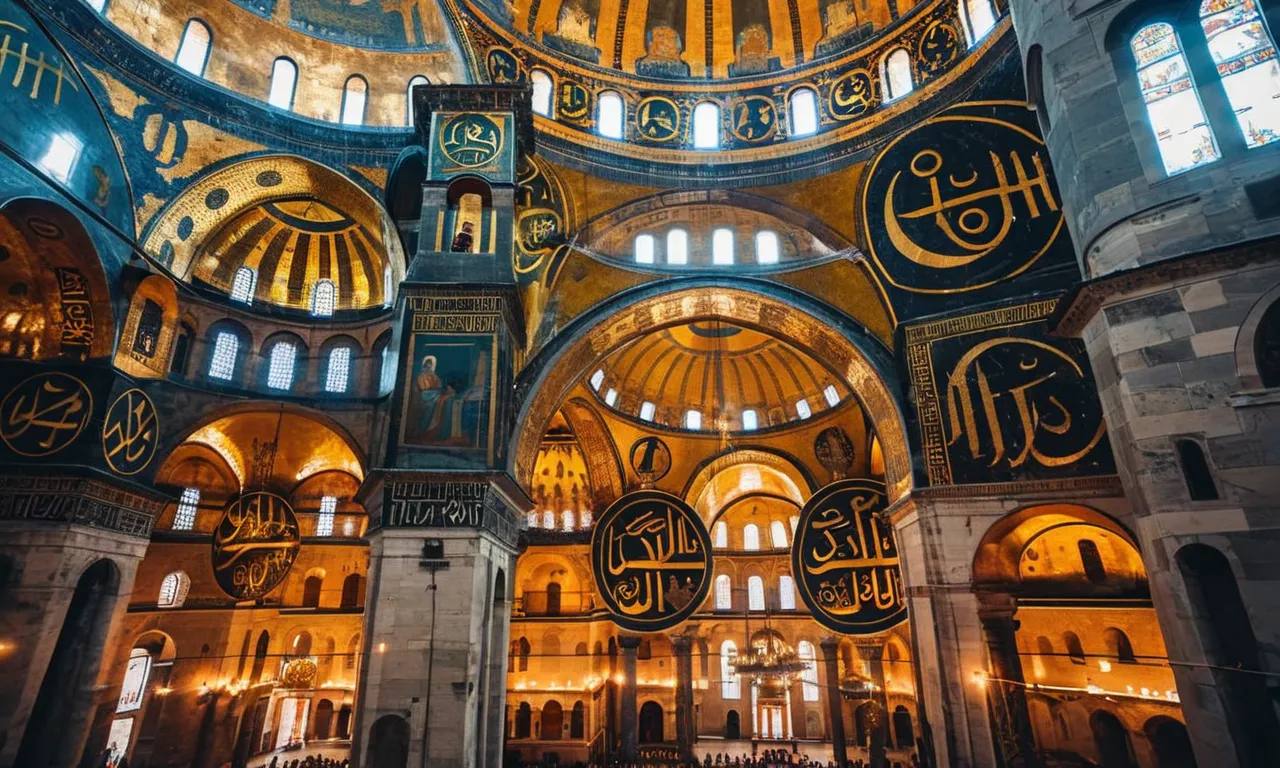 A stunning photo capturing the intricate mosaics and towering domes of the Hagia Sophia, an iconic church found in the Byzantine Empire.