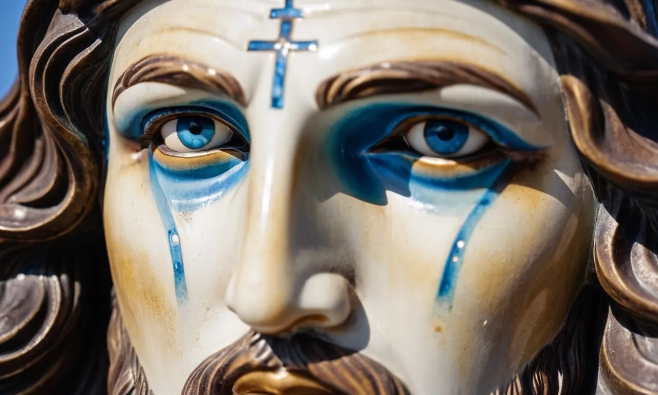 A close-up photo capturing the serene beauty of a statue of Jesus Christ, depicting his piercing blue eyes, radiating compassion and wisdom.