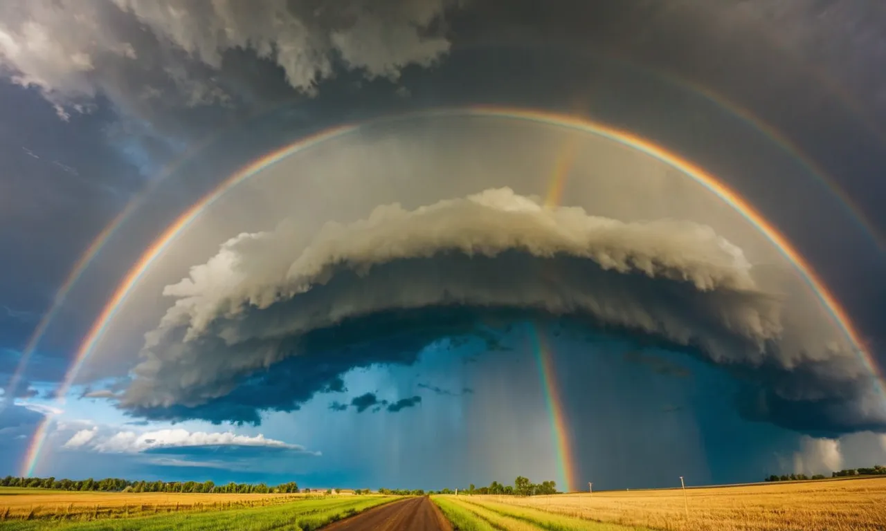 A captivating photo of a vibrant rainbow stretching across a stormy sky, symbolizing the diverse colors of Sarah's life and her significance in the biblical narrative.