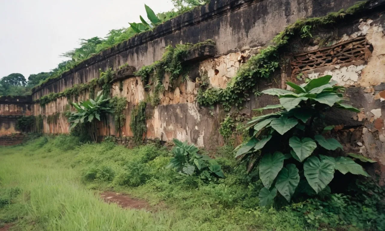 A photo of a crumbling ancient Oyo Empire wall, covered in vegetation, symbolizing neglect and decay, capturing the contributing factors that led to its eventual downfall.