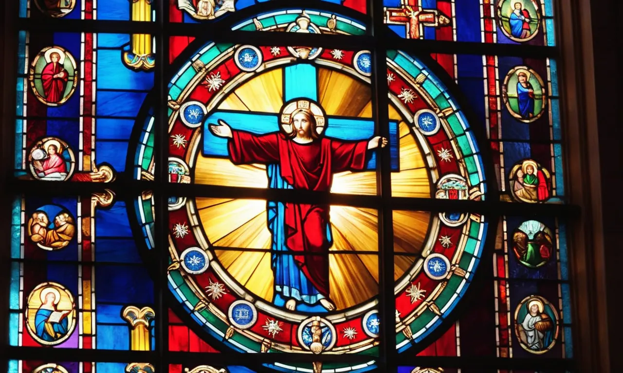 A close-up photo of a church's stained glass window, capturing the vibrant image of Jesus, radiating divine light, surrounded by symbols representing various Christian denominations, symbolizing unity and diversity.