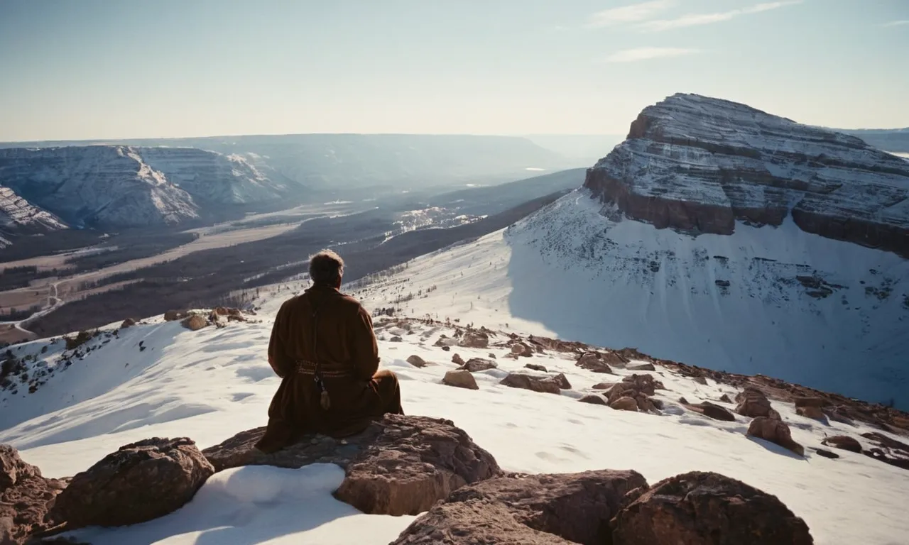 A solitary figure, bathed in ethereal light, stands atop Mount Horeb, captivated by the breathtaking view. A moment frozen in time, capturing the essence of Elijah's encounter with God.