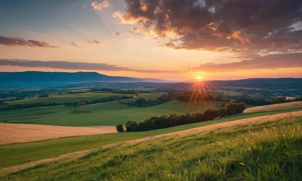 A captivating photo capturing a peaceful sunset over a vast landscape, symbolizing God's promise to Jacob of numerous descendants and the inheritance of the land.