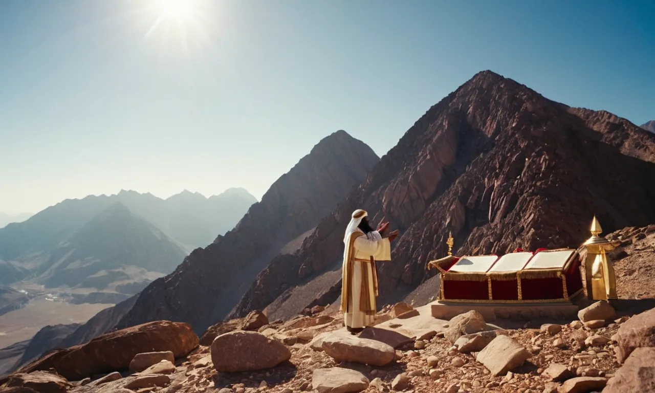 A captivating photo capturing the moment of divine revelation, as Moses receives the stone tablets on Mount Sinai, symbolizing the fulfillment of God's promise and the birth of a new covenant.