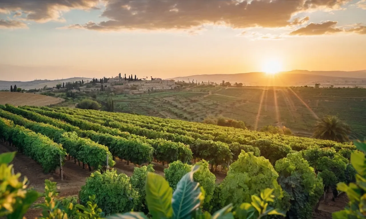 A photo showing a radiant sunrise over a lush, bountiful land, symbolizing God's promise to the Israelites of a prosperous and abundant homeland.