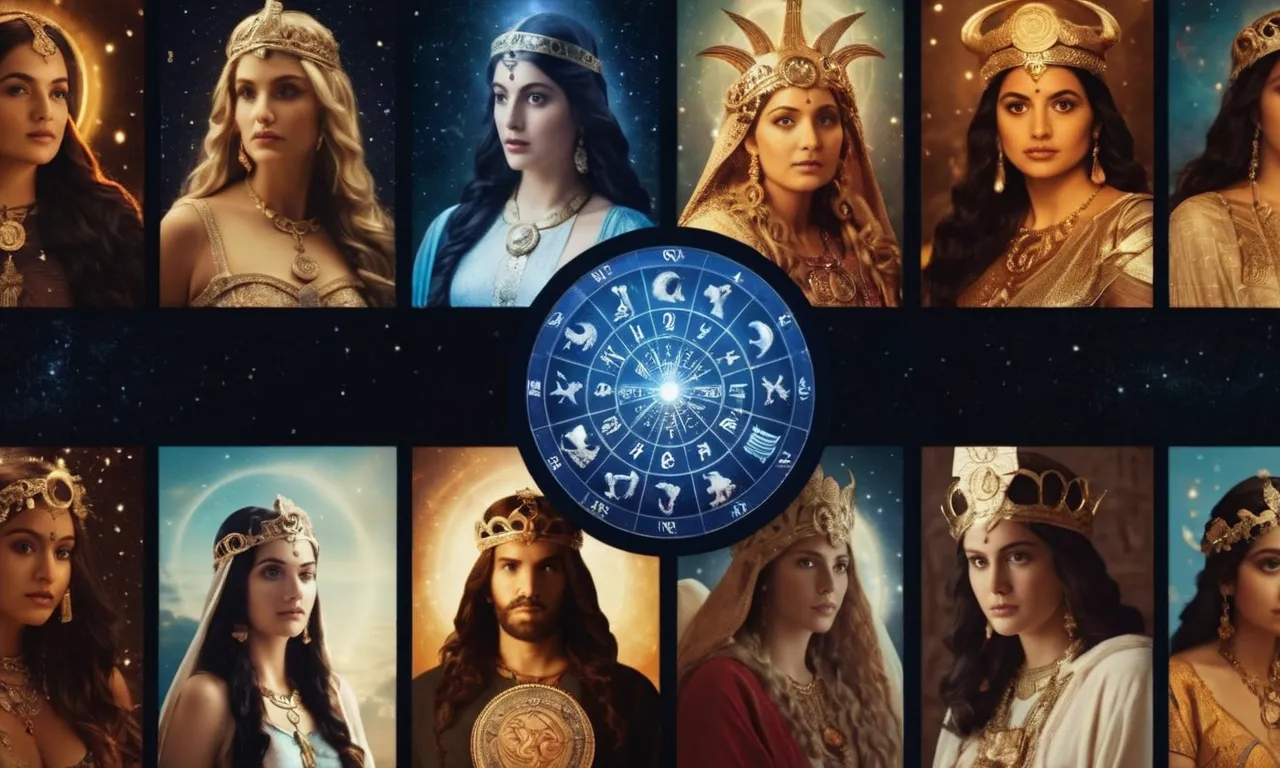 A photograph showcasing twelve individuals, each representing a zodiac sign, engrossed in deep conversation with an ethereal figure, symbolizing God, enveloped in a celestial glow.