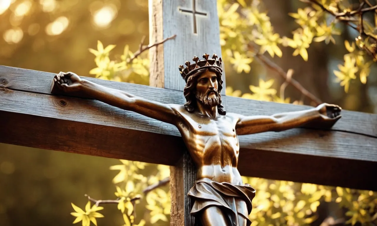 A close-up shot of a weathered wooden cross, bathed in golden sunlight, adorned with a simple crown of thorns, evoking the solemnity and sacrifice of Jesus' crucifixion.