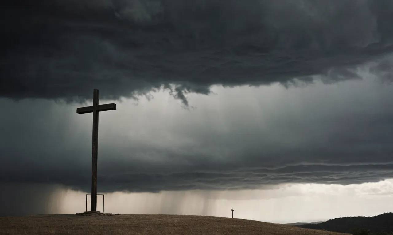 A powerful black and white image captures a cross standing tall against a stormy sky, symbolizing the sacrifice of Jesus and the redemption of humanity through his death.