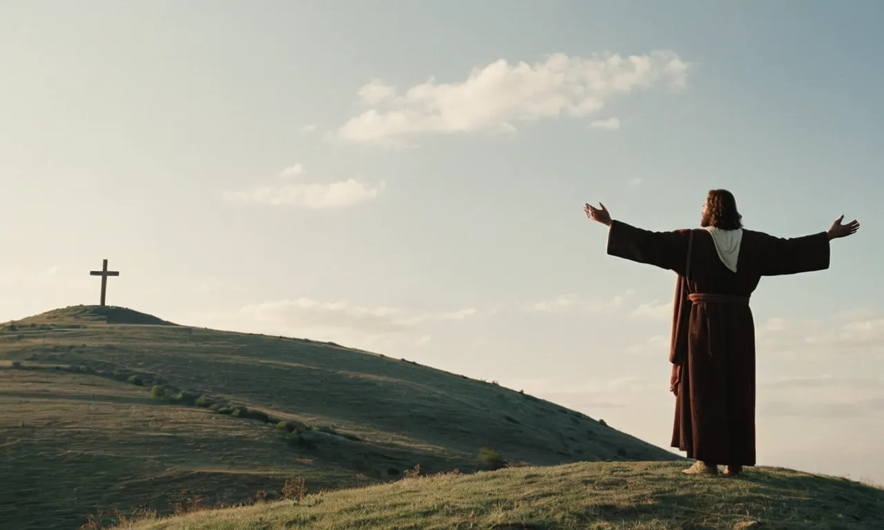 A photo of a lone figure standing on a hill, arms outstretched towards the sky, capturing the essence of Jesus' sacrifice and love for humanity.