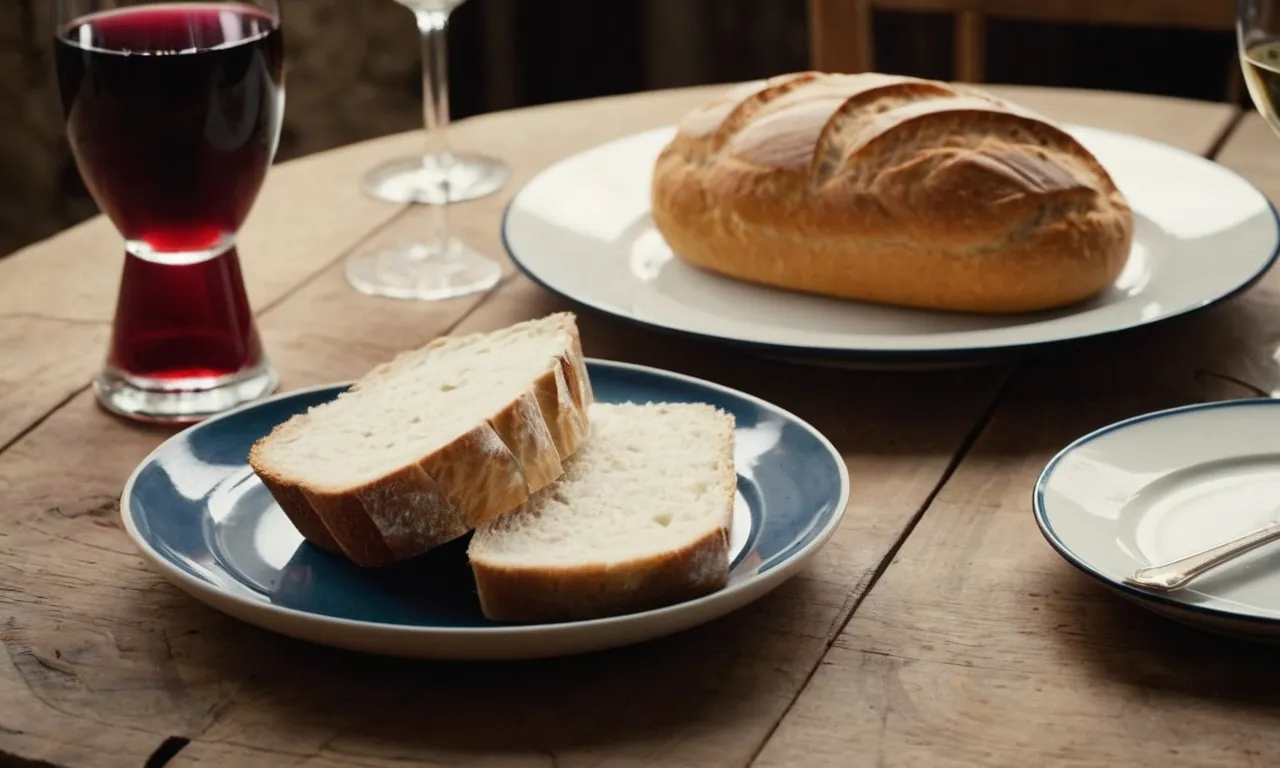 A close-up shot of a rustic wooden table adorned with a simple loaf of bread, a cup of wine, and a plate of fish, evoking curiosity about "what did Jesus eat" during his time.