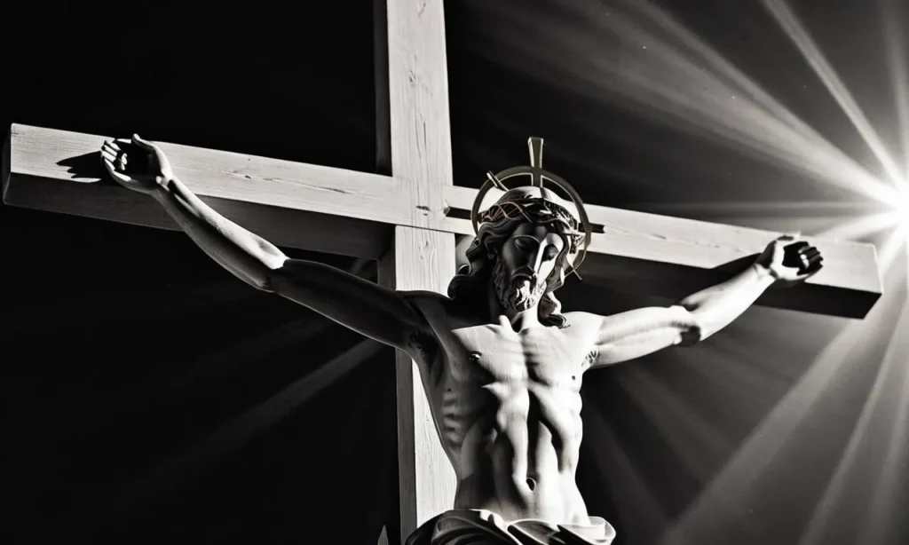 A powerful black and white image capturing a crucifix in focus, symbolizing Jesus' finished work on the cross, surrounded by rays of light representing redemption, salvation, and the ultimate triumph over sin.