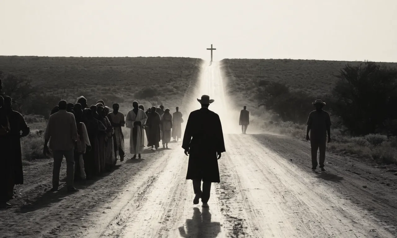 A black and white image of a dusty road, capturing the silhouette of a man walking while deep in conversation with a diverse group of people, symbolizing Jesus preaching about love, forgiveness, and compassion.