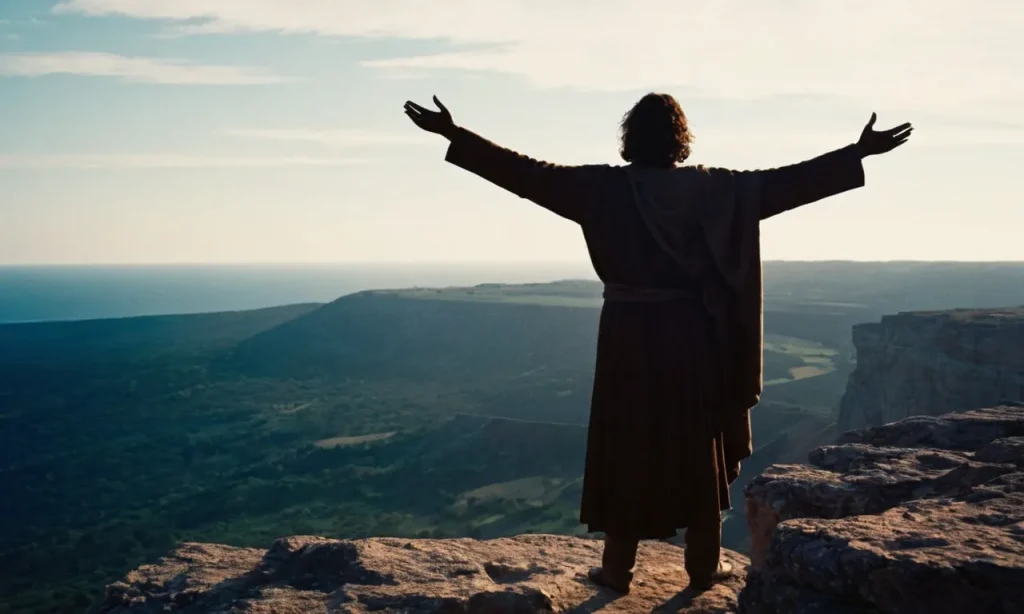 A photo capturing a silhouette of a man, arms outstretched, standing atop a jagged cliff, symbolizing Jesus saving humanity from the depths of sin and offering redemption.