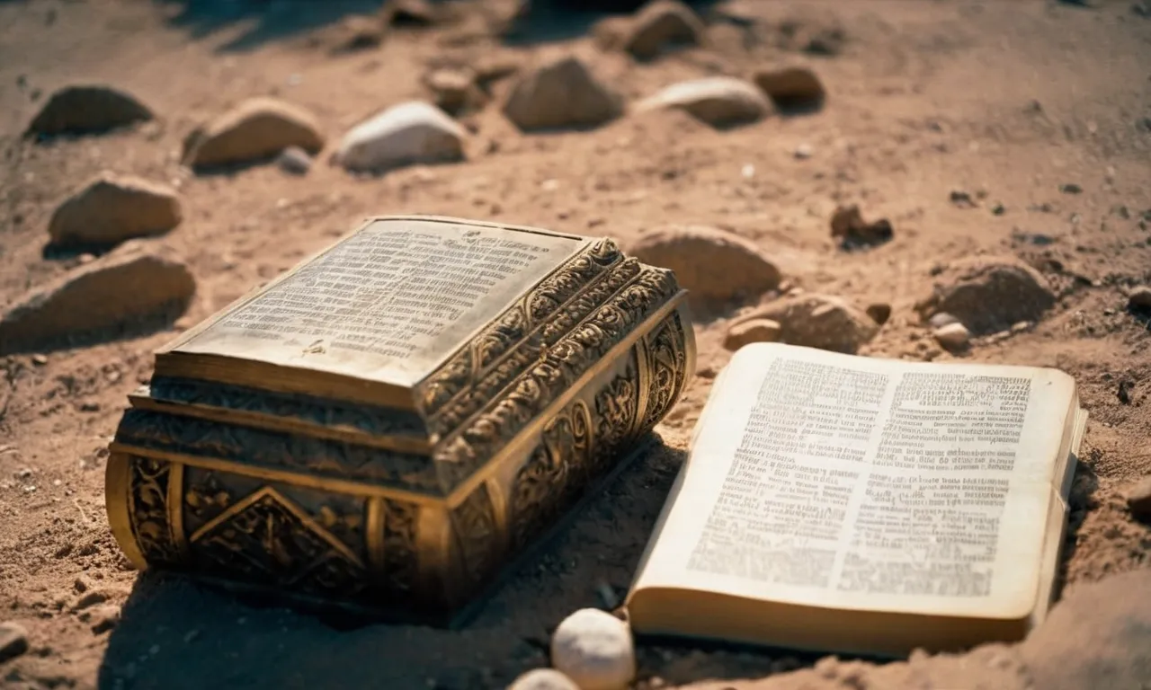 A close-up shot of a dusty, neglected idol lying on the ground, juxtaposed with a Bible verse about Jesus denouncing the worship of false idols.