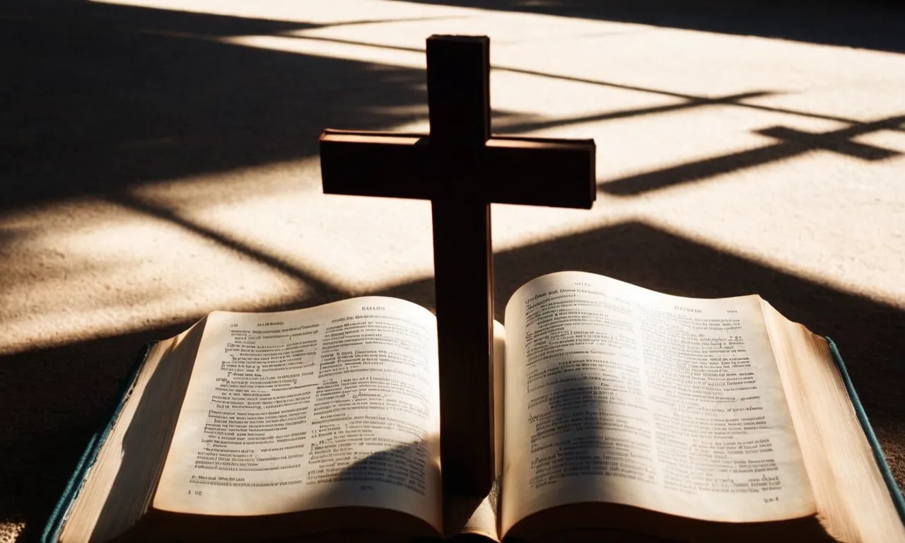 A captivating photo of a sunlit cross, casting a shadow on an open Bible, symbolizing Jesus' words on salvation as the path to eternal life.