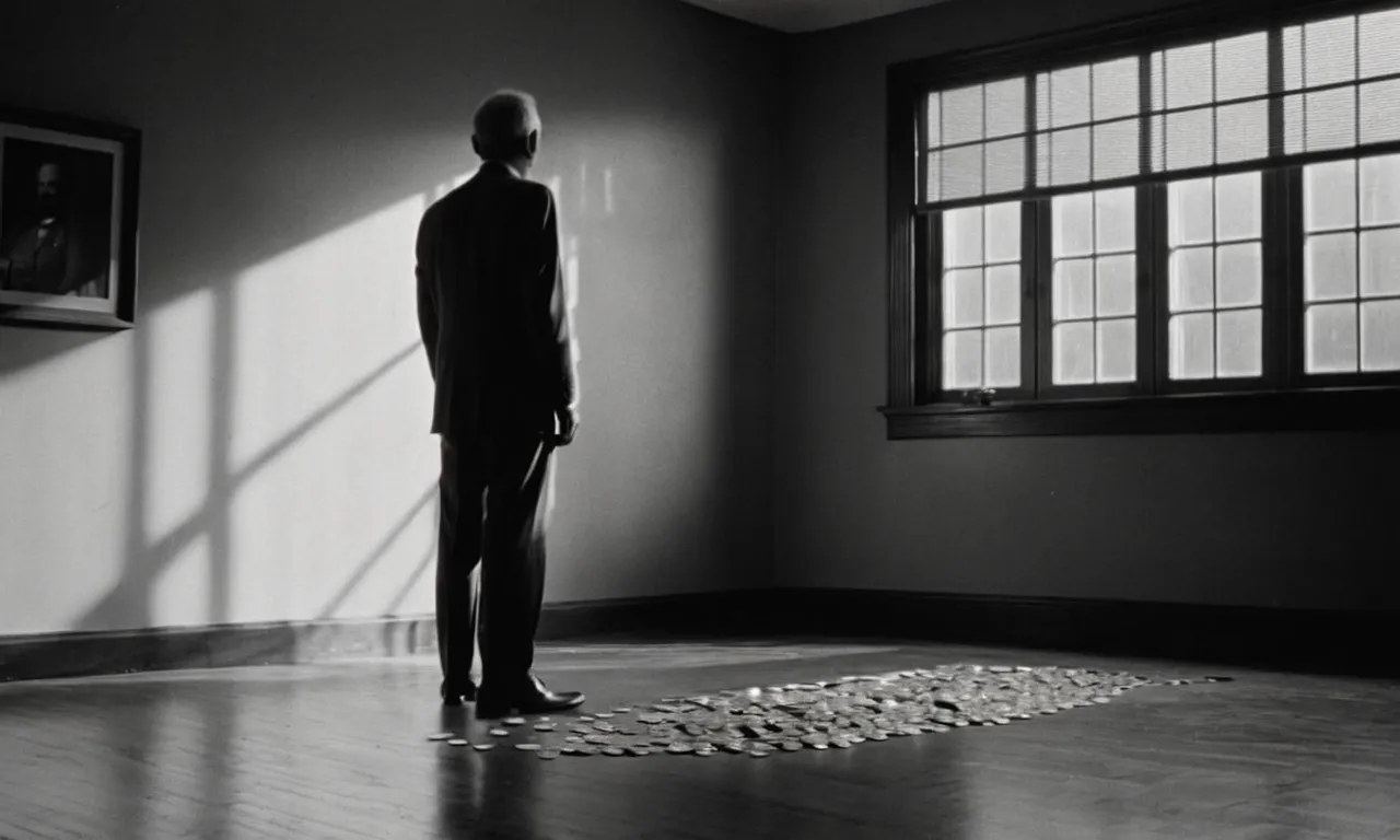 A black and white image captures a solitary figure standing at the edge of a dimly lit room, their face hidden, as a beam of light falls upon a single silver coin on the ground.