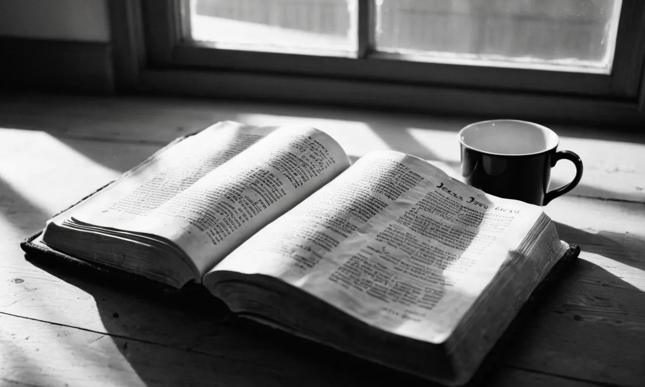 A black and white image capturing a worn Bible, opened to a passage, with rays of sunlight streaming through a window, emphasizing the words "What did Jesus say" on the page.