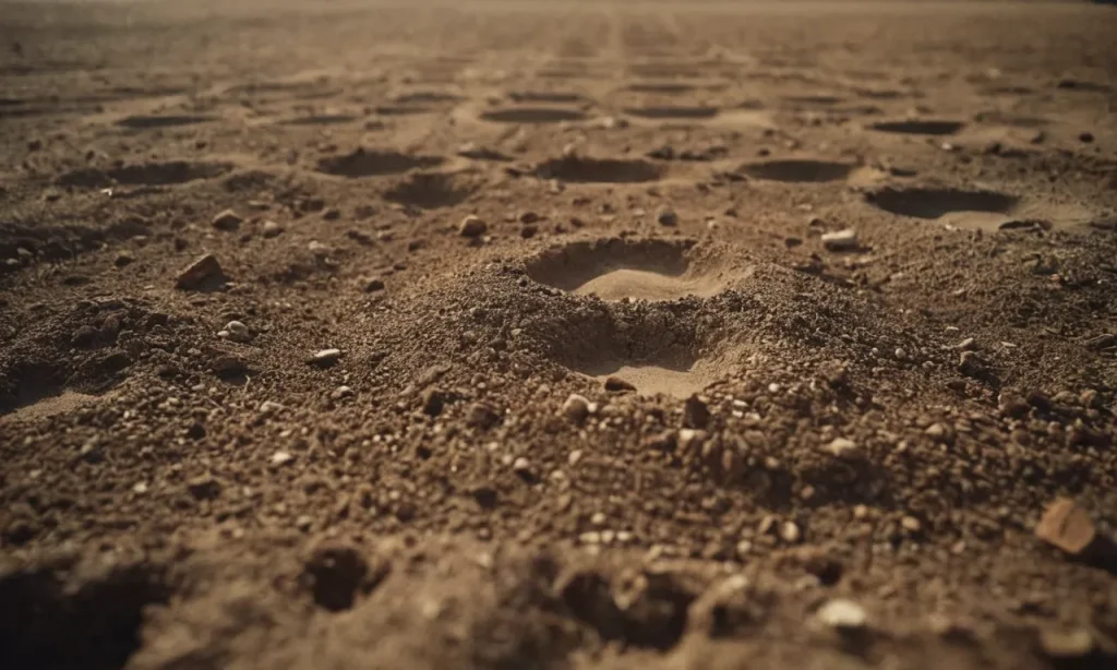 A close-up shot of a dusty ground revealing faint, mysterious etchings, evoking curiosity and prompting contemplation about the question: "What did Jesus write on the ground?"