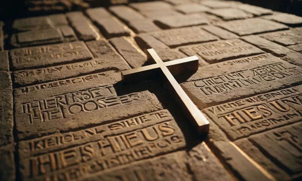 A captivating photo capturing the essence of faith; Moses' ancient words etched in stone juxtaposed with a modern cross, symbolizing the connection between the past and the promise of Jesus.