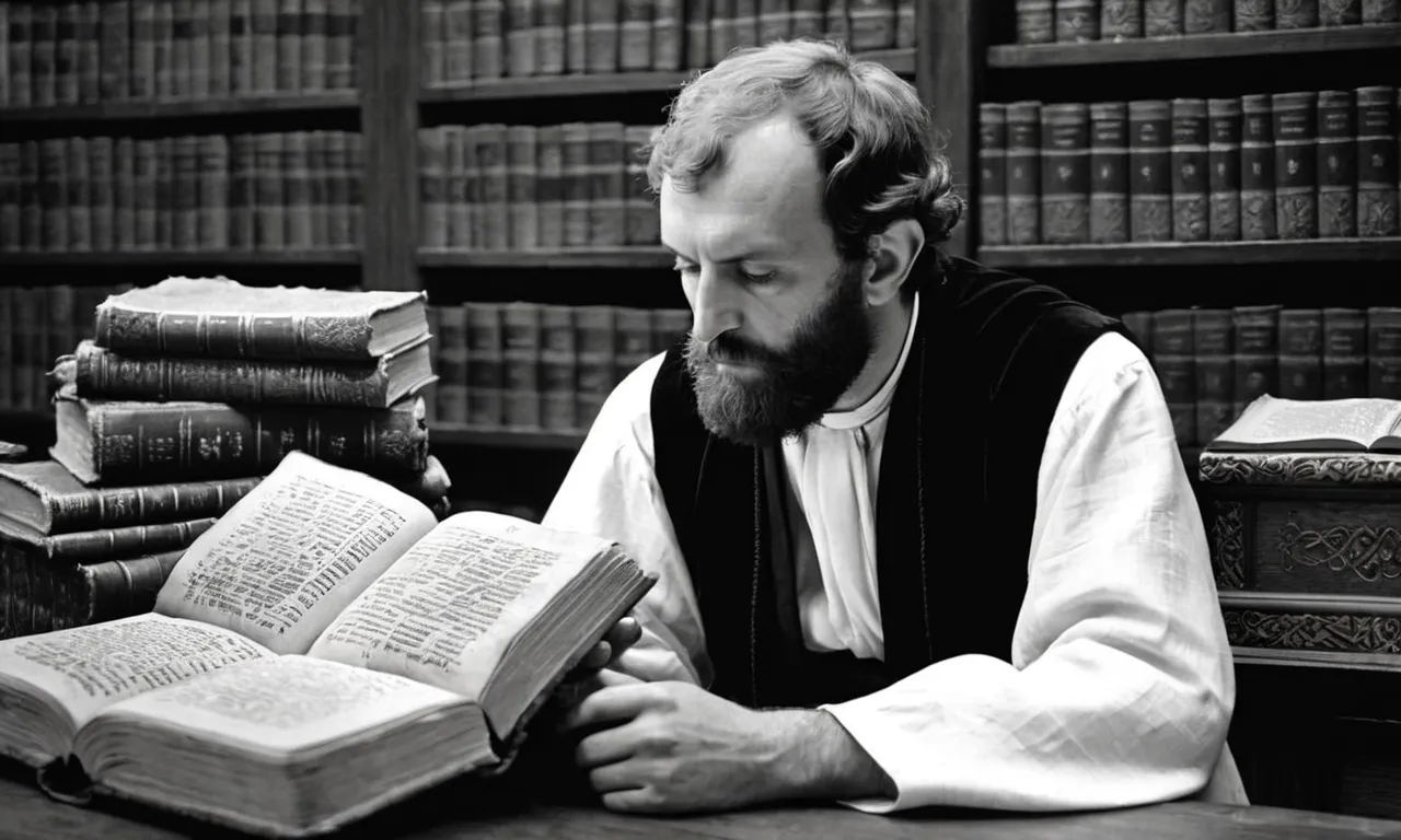 A black and white photo capturing a humble Simon the Zealot, surrounded by scrolls and ancient texts, deep in thought and contemplation before his transformative encounter with Jesus.