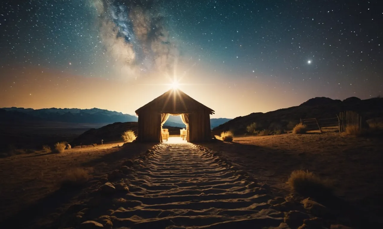 A captivating photo capturing a star-studded night sky, illuminating a path of divine light leading the wise men towards the humble stable where baby Jesus lay.