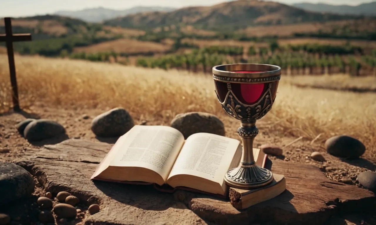 A close-up photo capturing a chalice, filled with wine, placed at the foot of a rugged wooden cross, symbolizing the drink offered to Jesus during his crucifixion.