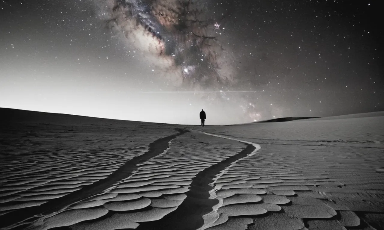 A captivating black and white image of a solitary figure standing at the edge of a vast, swirling galaxy, contemplating the mystery of existence and questioning the dimension in which God resides.