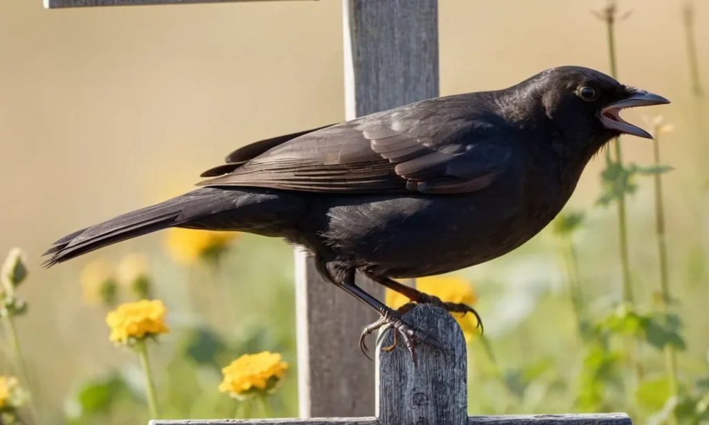 A mesmerizing shot captures an ethereal blackbird perched upon a weathered cross, symbolizing the divine message and prophetic significance associated with blackbirds in biblical lore.