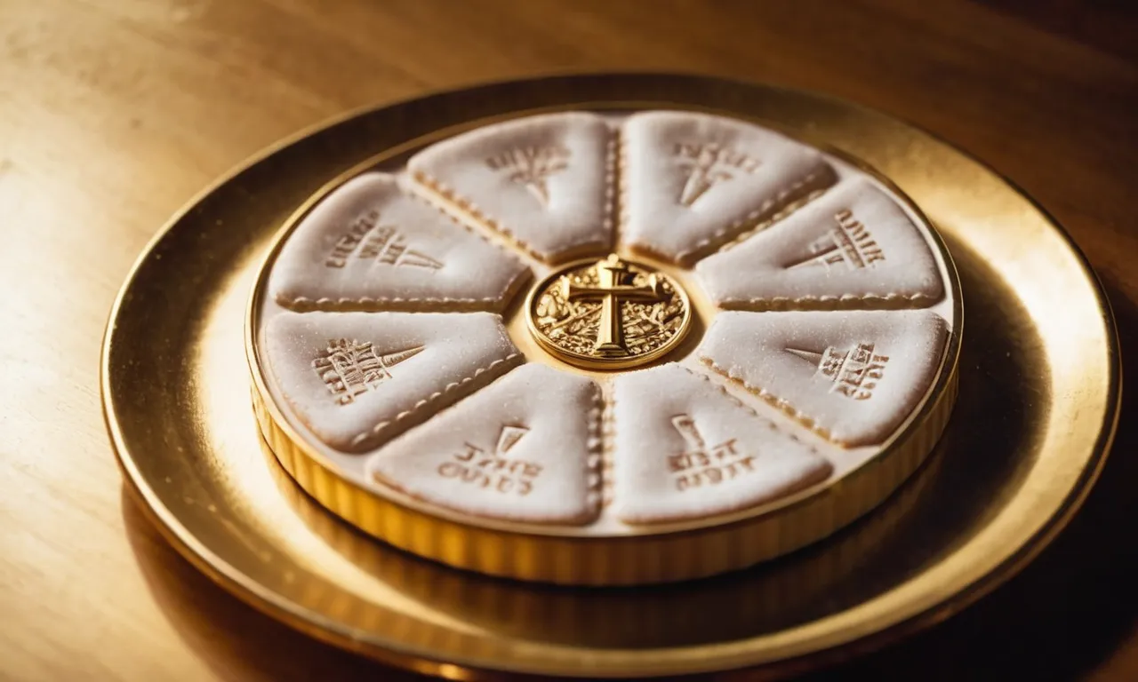 A close-up photo of a communion wafer resting on a golden plate, surrounded by a soft glow, representing what God might consume during a sacred ritual.