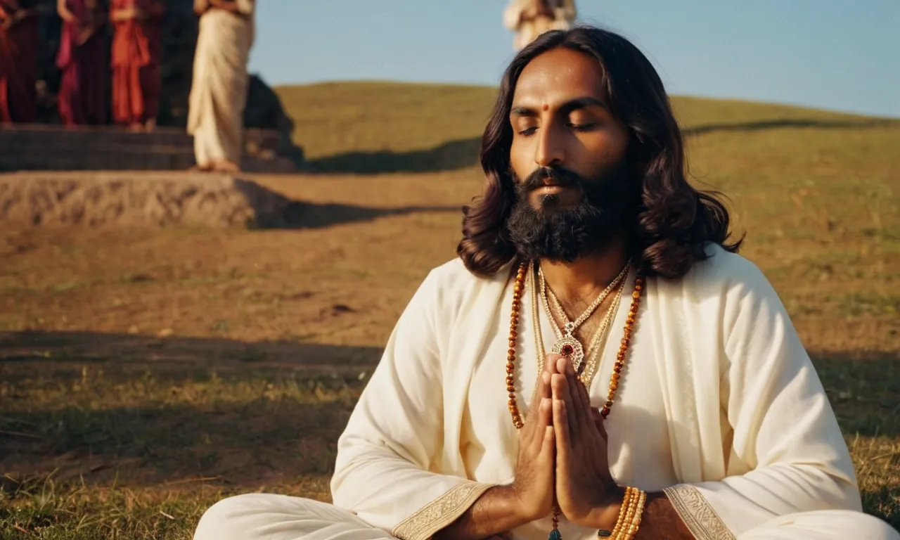 A photo showcasing a devotee meditating before a serene portrait of Jesus, symbolizing the harmony and respect between the Hare Krishnas and their belief in Jesus as a spiritual figure.