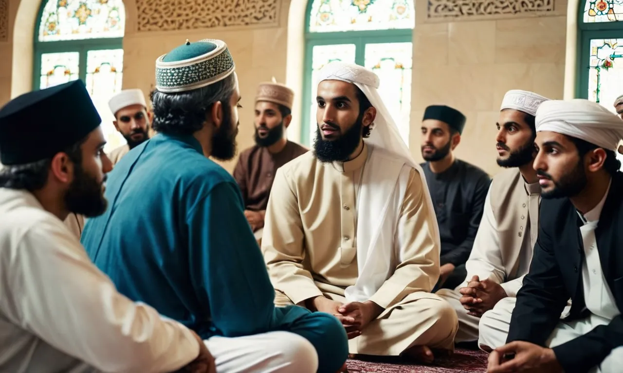 A photo capturing a group of Muslims gathered in a mosque, engrossed in a discussion about Jesus, showcasing their deep reverence and curiosity towards his role in Islam.